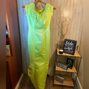Eternity Evenings apple green gown with a train. Size 4